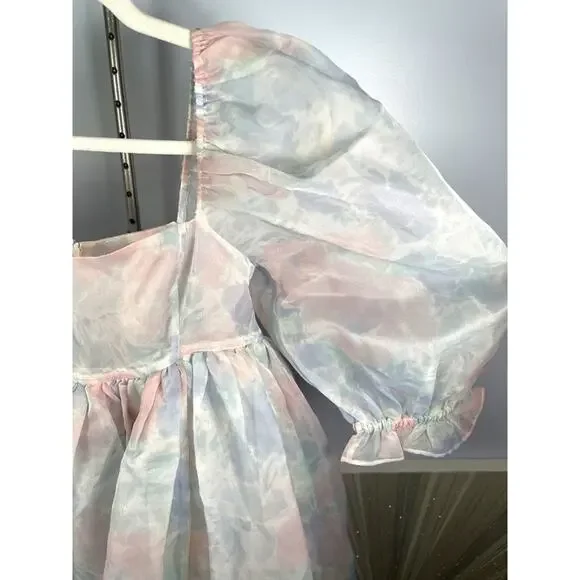 SELKIE French Puff Tulle Organza Floral Midi Dress in Watercolor Size XS - Picture 6 of 9